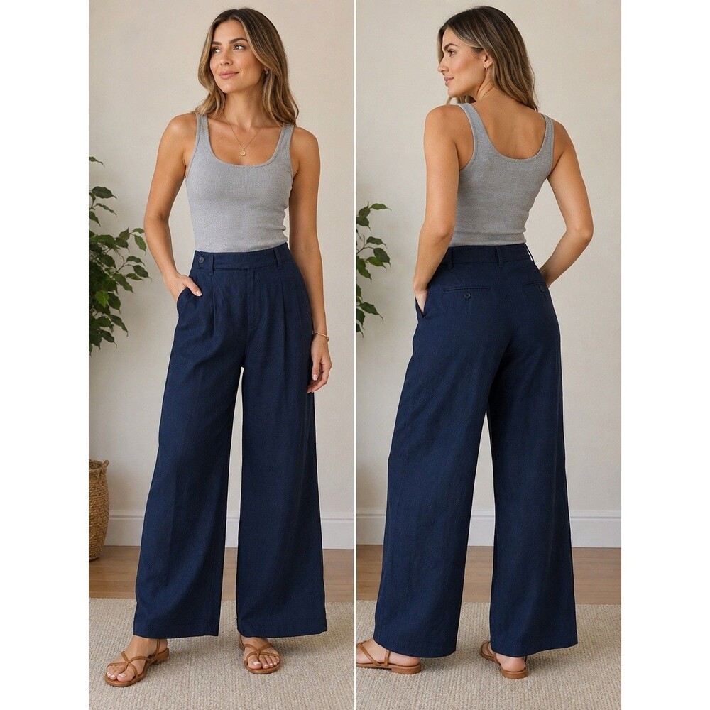 Madewell 100% Linen Wide Leg Pants Women’s Petite 12 Navy Blue High Rise NWT